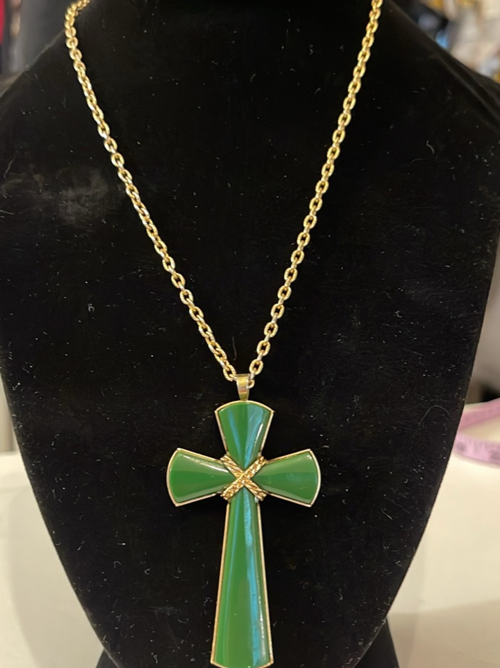 Avon Gold-Tone Necklace with Green Cross Pendant